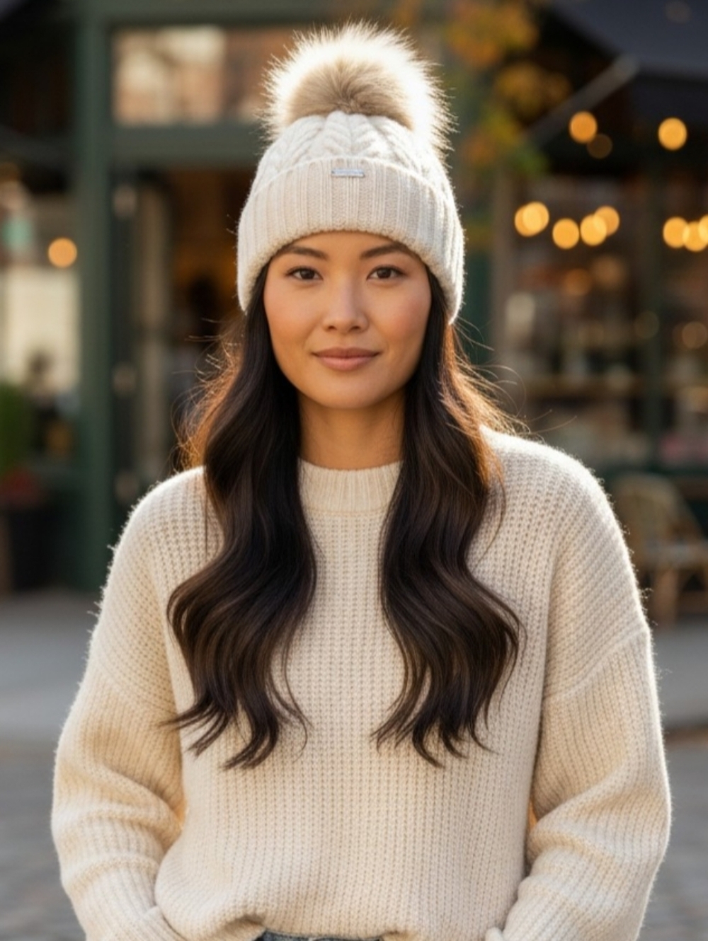 Steve Madden Women’s Cable Knit Beanie Pom Pom Ivory Cream Faux Fur